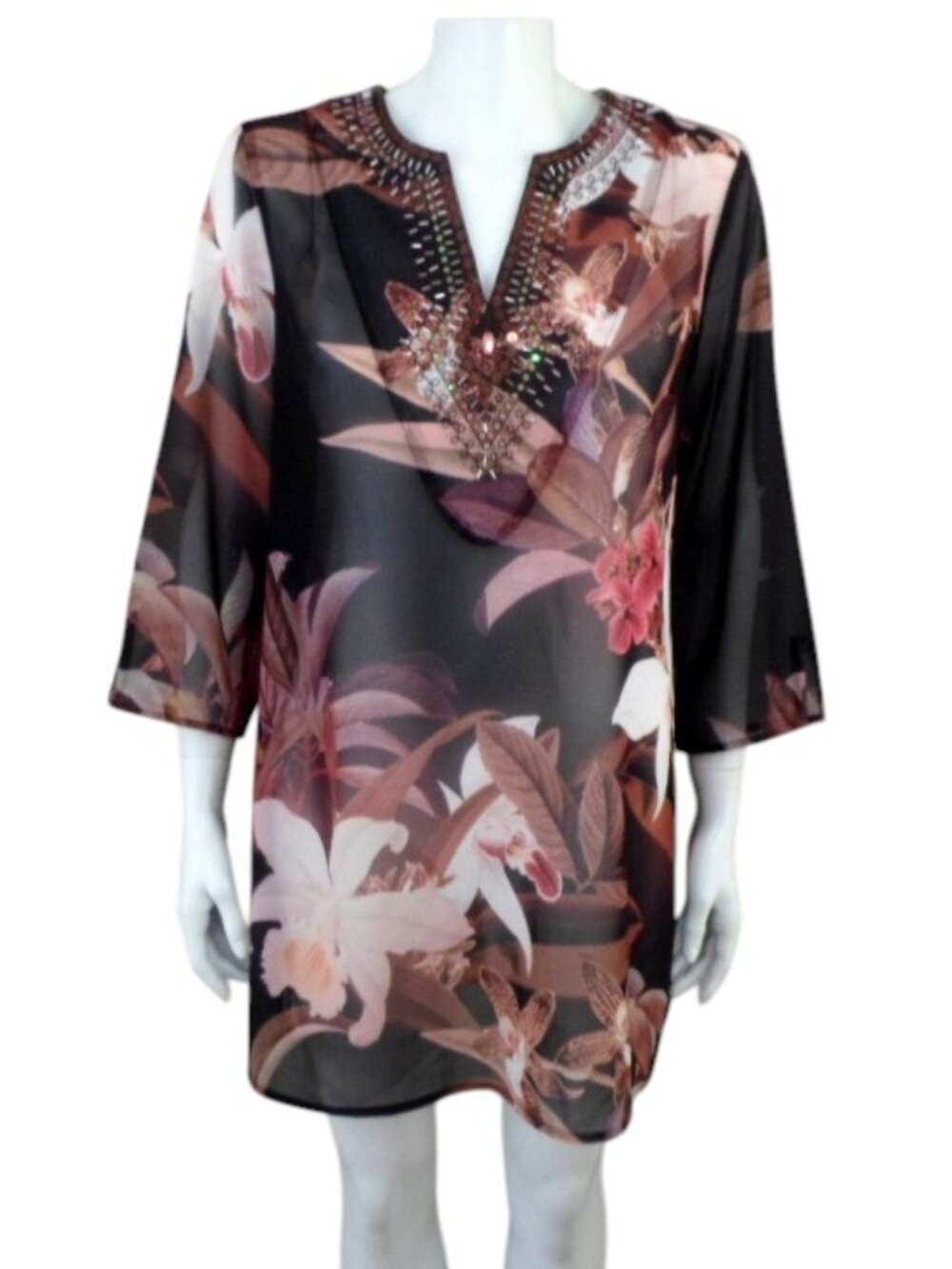 Chicos Brown Floral Print Beaded V-Neck 3/4 Sleeve Pullover Tunic